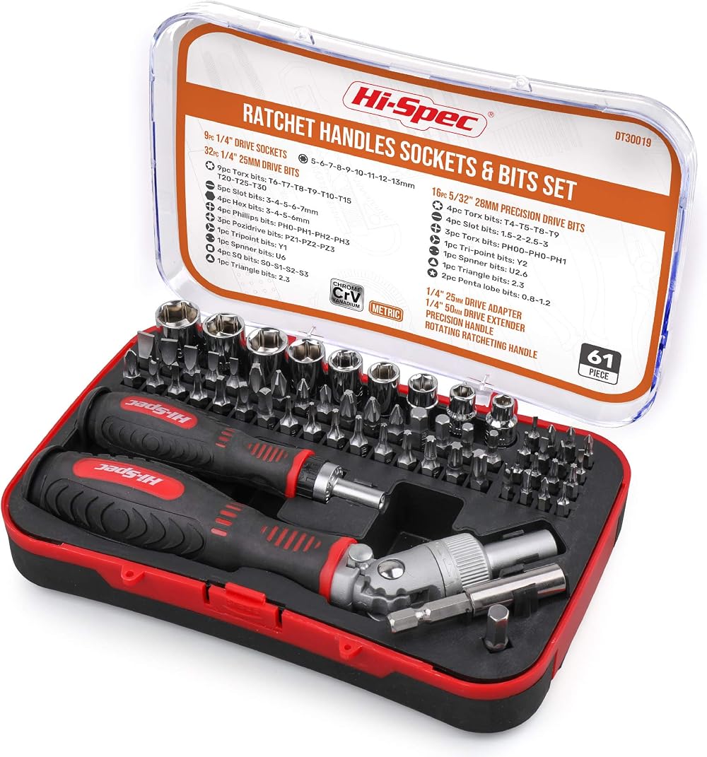 Hi-Spec 61pc ¼ inch Hex Driver Bits & Socket Set with Right Angle Ratchet