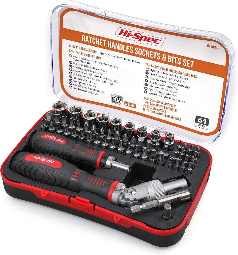 Hi-Spec 61pc ¼ inch Hex Driver Bits & Socket Set with Right Angle Ratchet