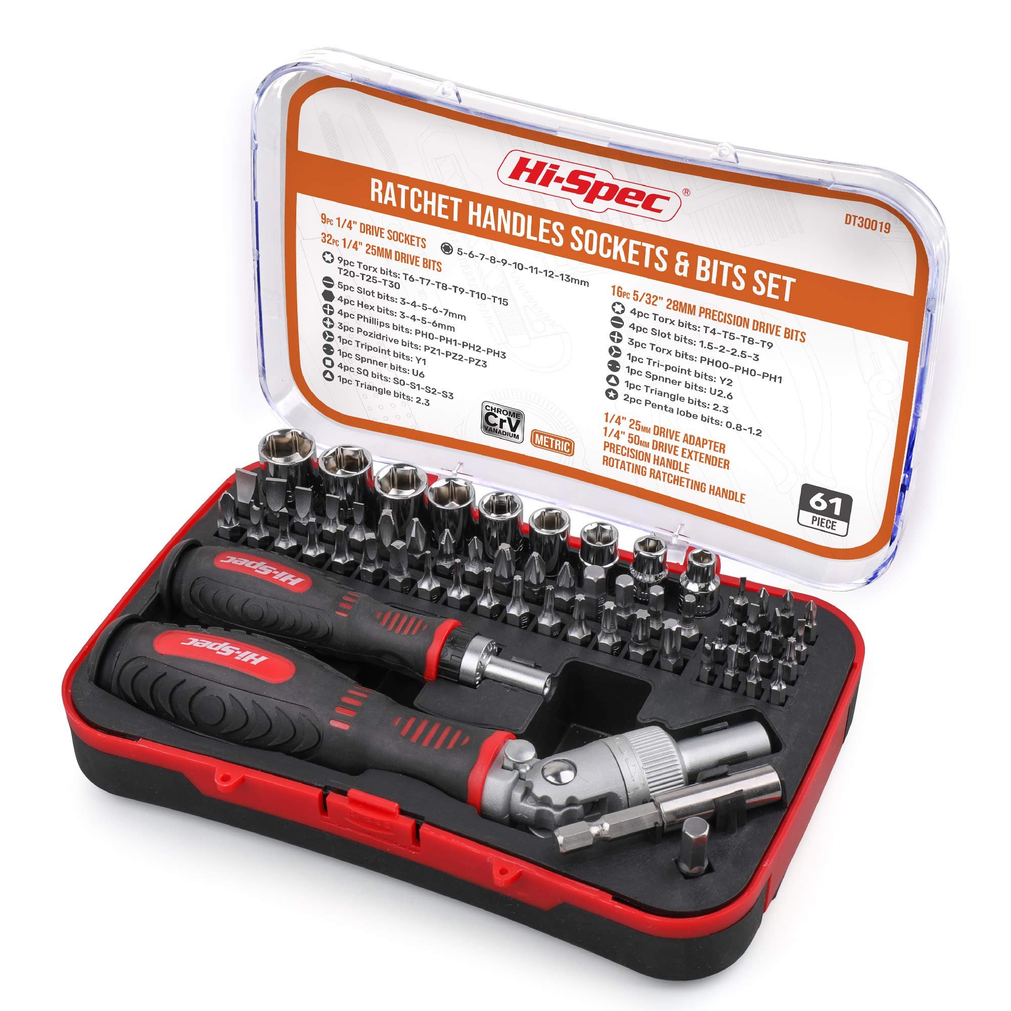 Hi-Spec 61pc 1/4” Hex Driver Bits & Socket Set with Right Angle Ratchet Handle. Easy Repairs with Torx & Small Precision Multi Bits. Screwdriver Bit Set in a Storage Case