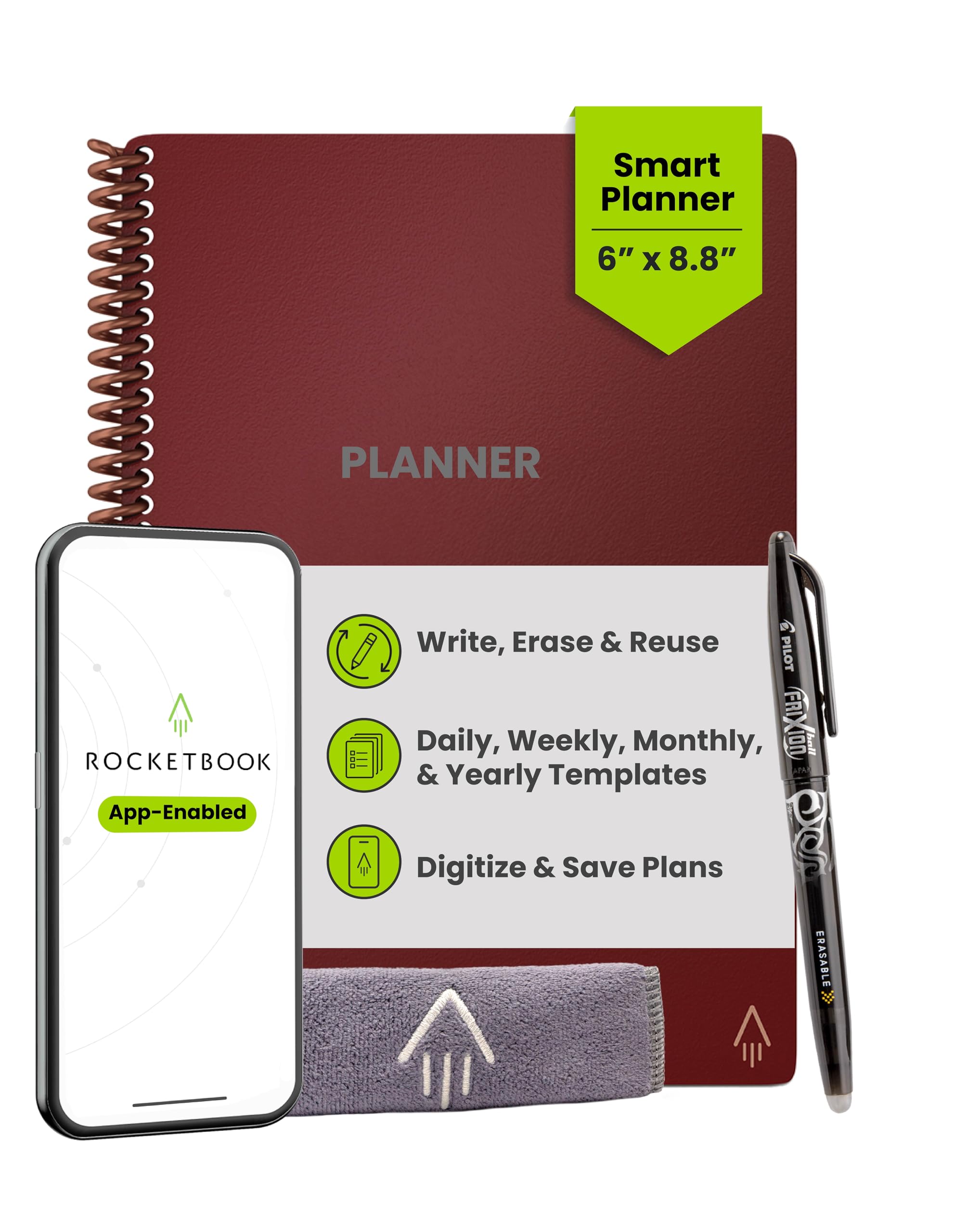 Rocketbook Panda Reusable Weekly Planner - Digital A5 Notebook, Maroon Smart Notepad, Daily Academic Diary, To Do List Bullet Journal with Frixion Erasable Pen, Office Gadget Reduces Paper Waste