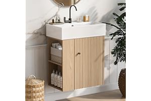 Merax Floating Bathroom Vanity with Sink Combo, 20" Wall Mounted Cabinet with Wood Stripes Decor, Open Shelf, One Piece Sink Basin Bathroom Vanity, Oak