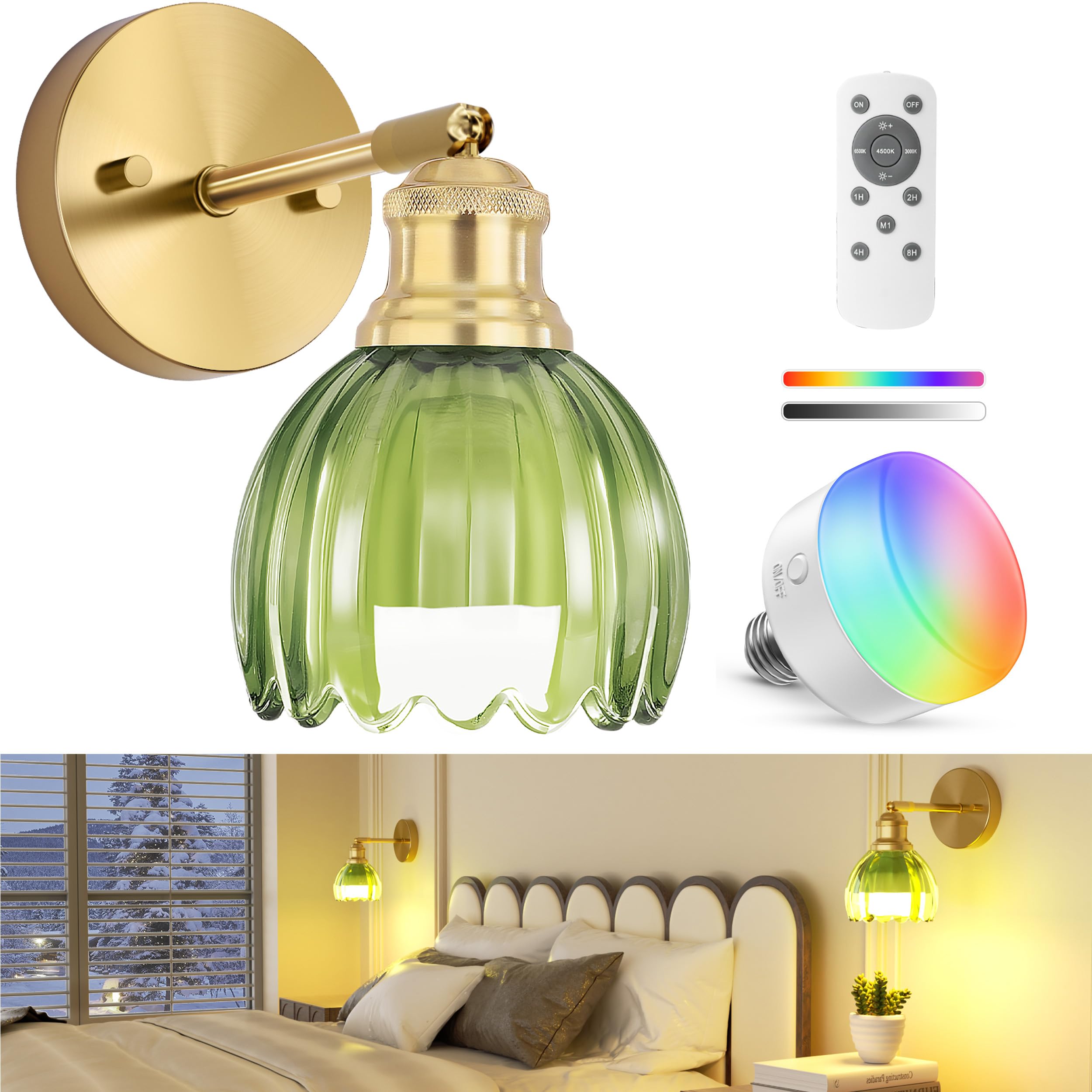 Photo 1 of VOLISUN Vintage Battery Operated Wall Sconce,with Green Tulip Glass Lampshade, Wireless Wall Sconce, Rechargeable Battery Powered Wall Light, Sconce Wall Decor for Bedroom Living Room