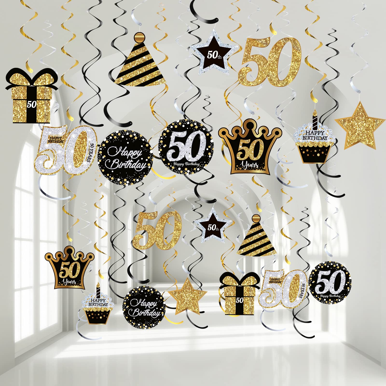Blulu 50th Birthday Party Decorations for Men Women 50 Years Cheers Birthday Party Hanging Swirls Gold Glitter Happy Birthday Decorations Celebration Old Party Supplies Ceiling Decor, 30CT