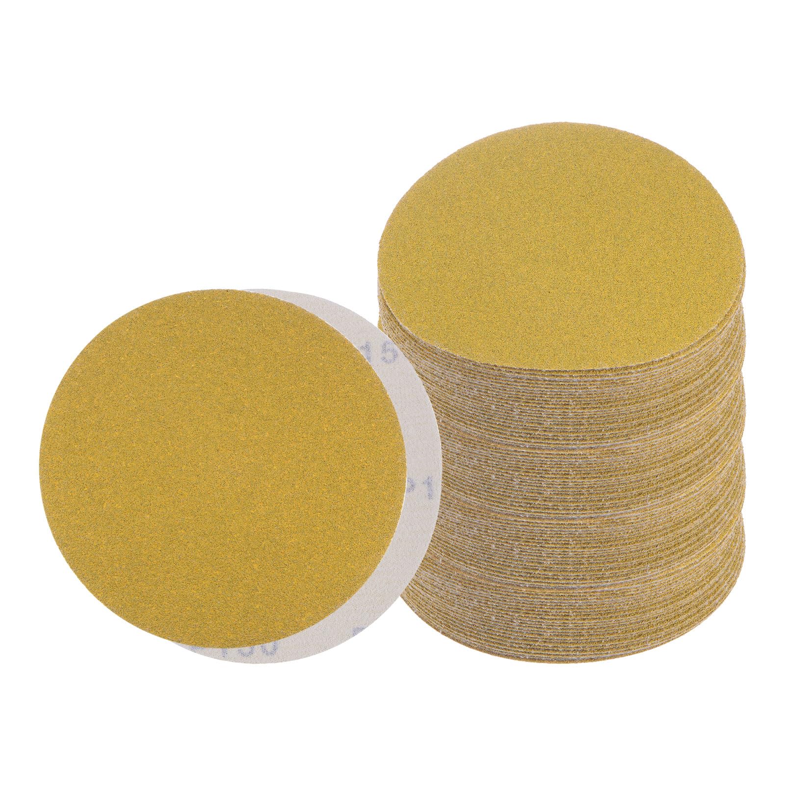 Kozelo 100pcs No Hole Sanding Discs- [ 6 Inch 60 Grit ] Round Hook and Loop Grip Sanding Pads Sandpaper for Automotive Woodworking Metal Polishing Use| Gold, Aluminum Oxide