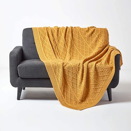 Homescapes Plaid En Tricot Maille Torsadée Jeté De Lit Ou De Canapé En 100 Coton Jaune Moutarde 150 X 200 Cm