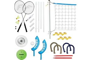 Franklin Sports Fun 5 Combo Outdoor Game Set - Backyard, Beach + Camping Games for Kids - Badminton, Volleyball, Flip Toss, Flying Disc - Horseshoes or Ring Toss