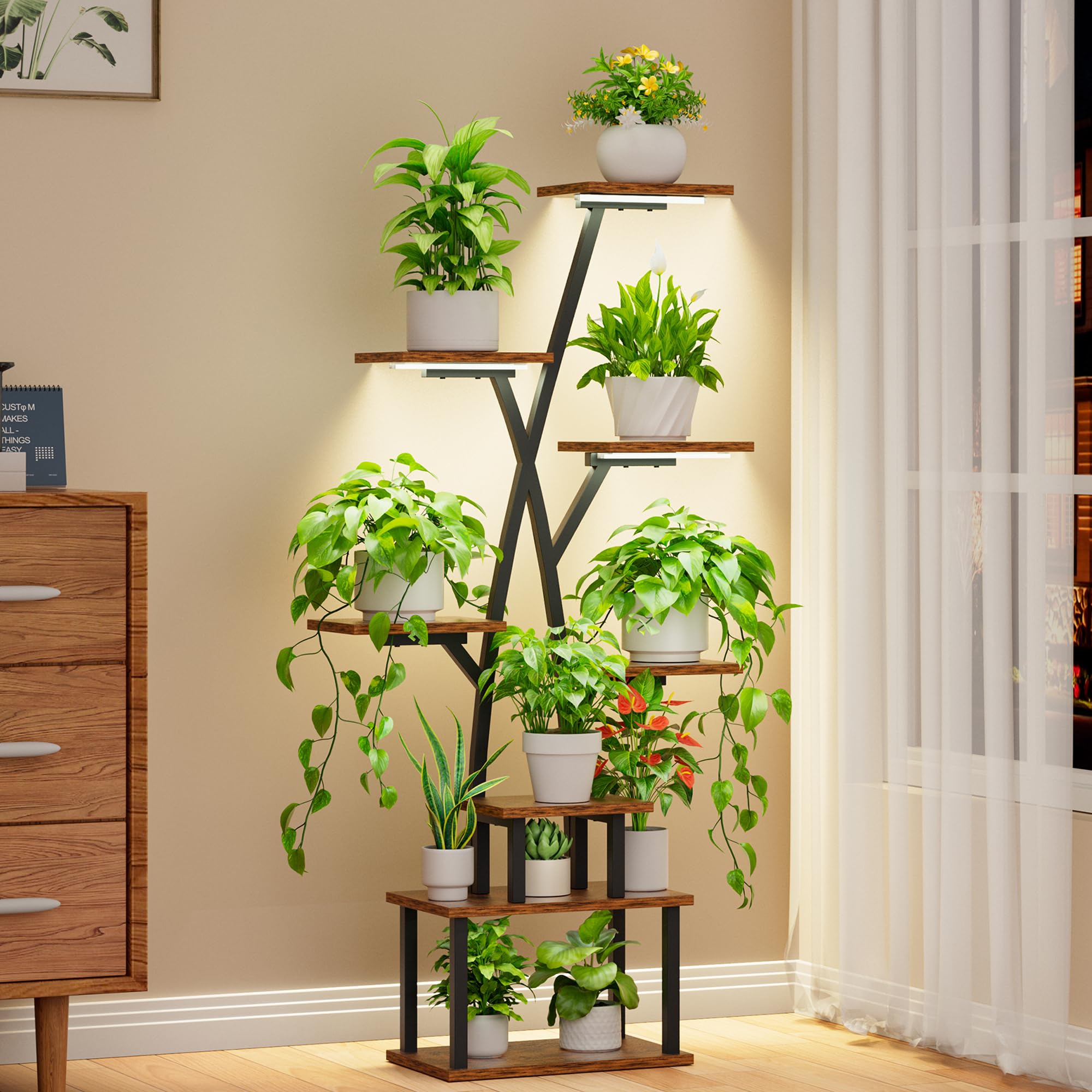 Photo 1 of EVAWOO Plant Stand Indoor with Grow Lights - 8 Tier Indoor Plant Shelf, Corner Plant Stands for Indoor Plants, 51" Tall Metal Plant Shelves, Tree-Shaped Plant Rack for Home, Porch, Black