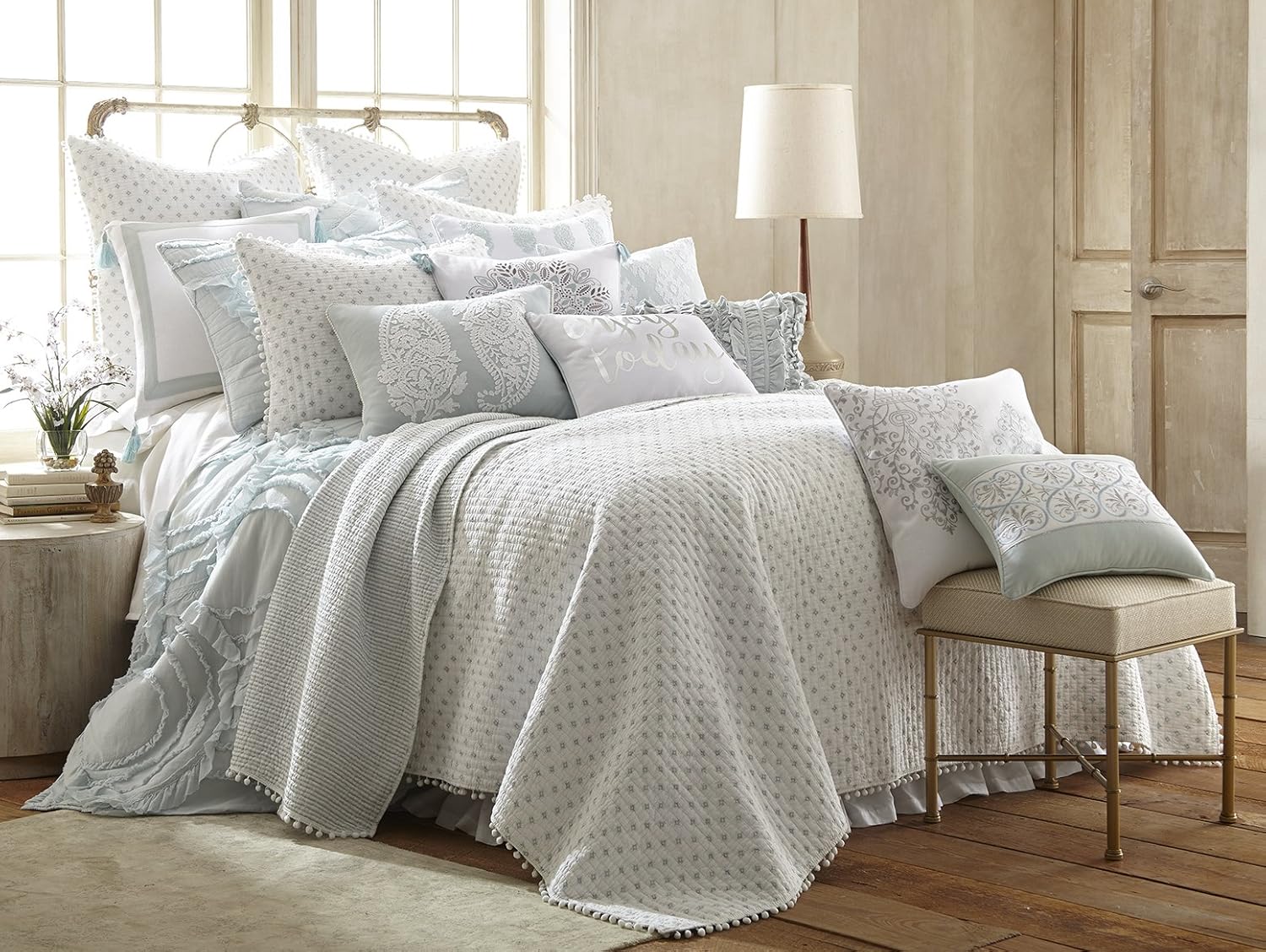 Levtex Ditsy Spa King Cotton Quilt Set White Gold With Pom Poms