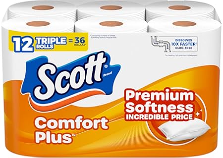 Scott ComfortPlus Toilet Paper, 12 Double Rolls, 231 Sheets per Roll, Septi...