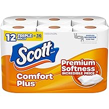 Scott ComfortPlus Toilet Paper, 12 Triple Rolls, 231 Sheets per Roll, Septic-Safe, 1-Ply Toilet Tissue