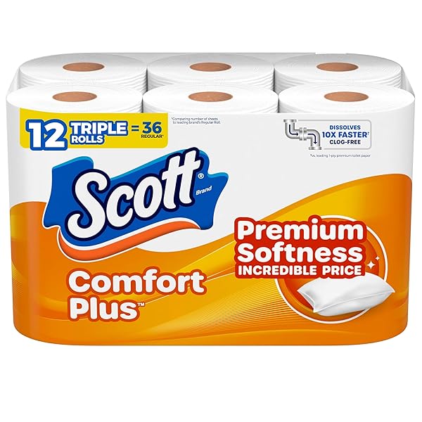 SCOTT COMFORTPLUS TOILET PAPER, 12 TRIPLE ROLLS, 231 SHEETS PER ROLL, SEPTIC-SAFE, 1-PLY TOILET TISSUE