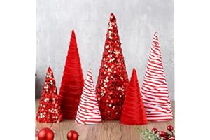 YLOLUL 6 Pcs 12" 10" 6" Christmas Velet Cone Tree Decoration Christmas Glitter Table Tree Farmhouse Tree Tiered Tray Ornament Xmas Tree for Home Holiday Entryway Tabletop Tree Centerpiece Decor (Red White)