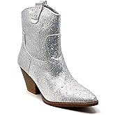 Women Rhinestone Block Chunky Heel Ankle Bootie River-01 Silver 6