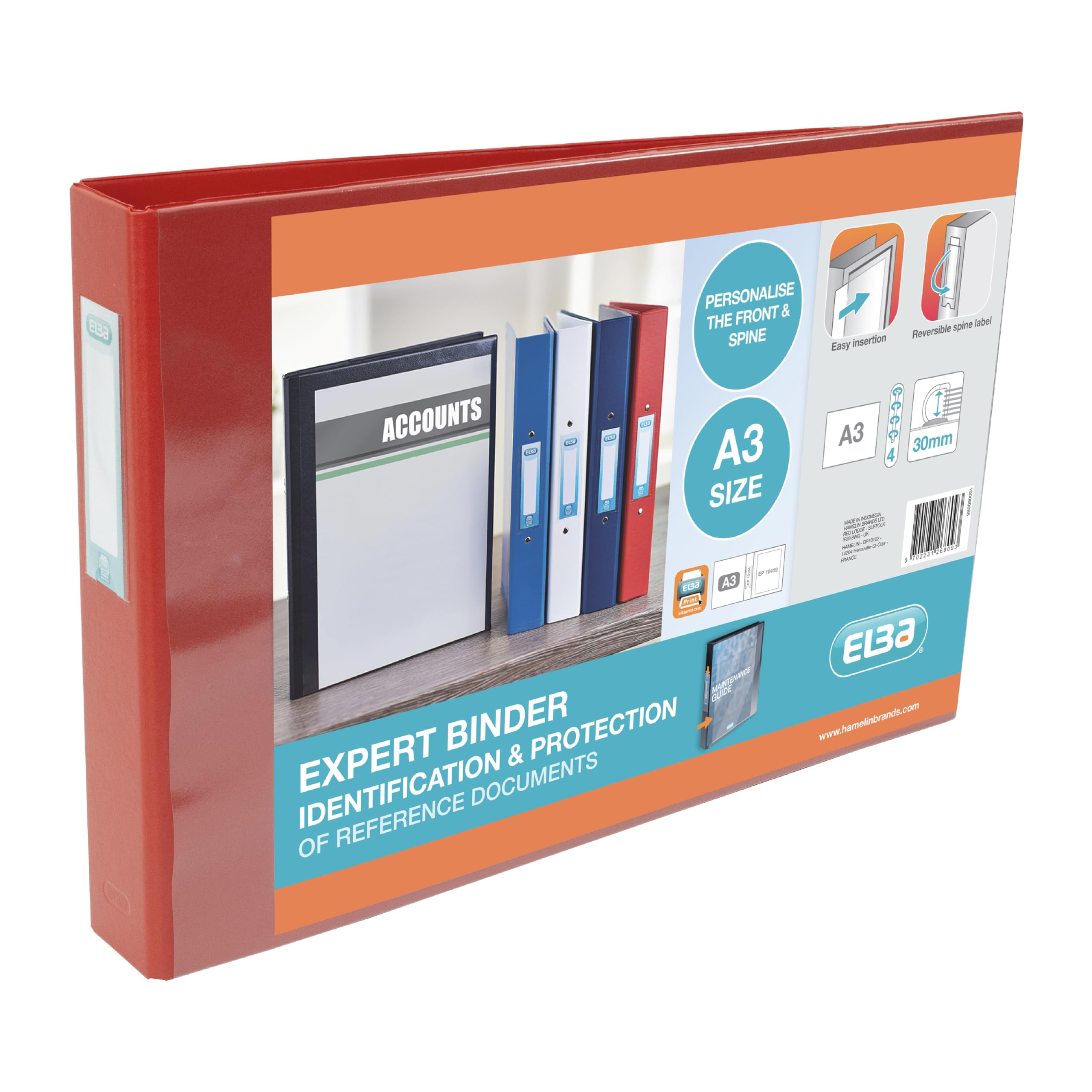 Elba A3 4 D-Ring Binder, 30mm capacity, 55mm spine, Presentation Folder with Customisable Cover, Landscape, Red (Single)