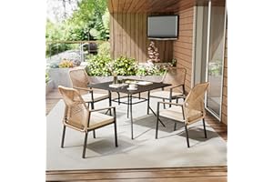 SUNCOZE Outdoor Patio Dining Set, 5 Pieces Rattan Patio Table and Chairs Set with Cushion and Umbrella Hole, Wicker Outdoor Patio Furniture Sets of 4 for Backyard and Porch, Beige