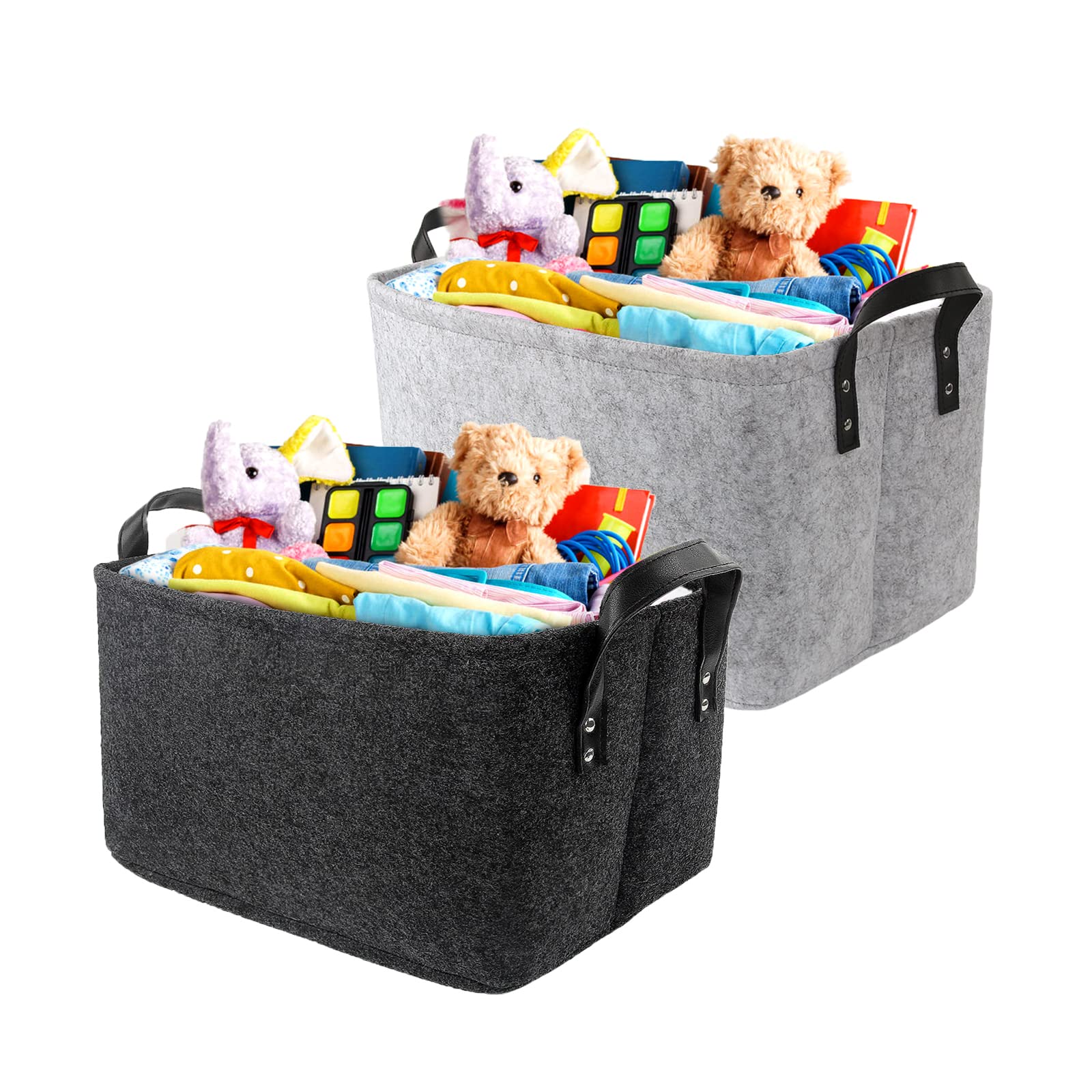 Discoball Large Felt Storage Basket Open Fabric Bins Foldable Organizer Box with Handles for Closet, Clothing, Toys, Books, Office Products (Dark/Light Grey, 16"×11"×9.5"H, 2 Pack)