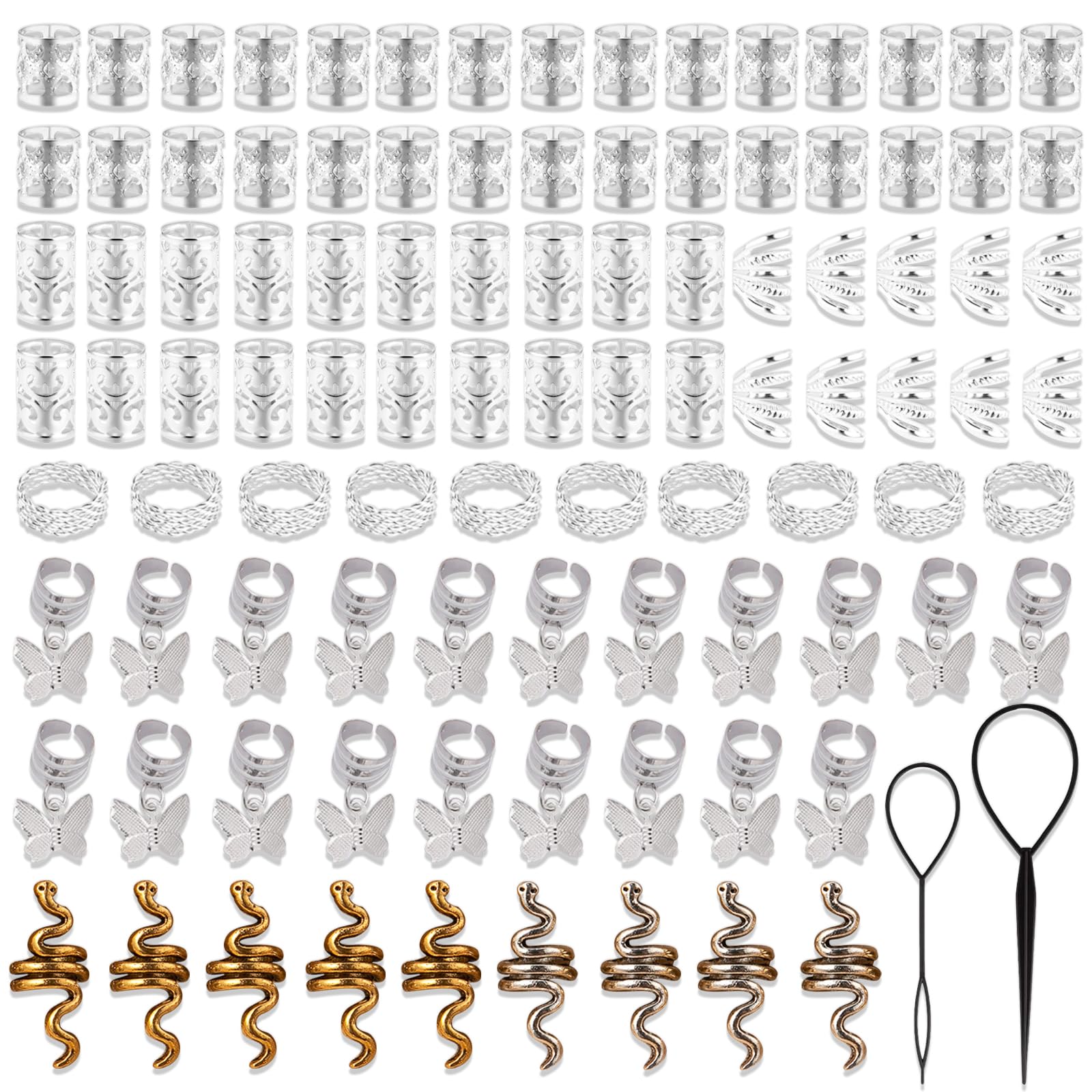 BDSHUNBF 101 Pieces Hair Cuffs, Hair Beads, Hair Rings, Hair Jewelry, Dreadlocks Jewellery, Hair Jewelry Rings, Hair Braid Rings Dreadlocks, Braids Accessorie for Women Girls Men