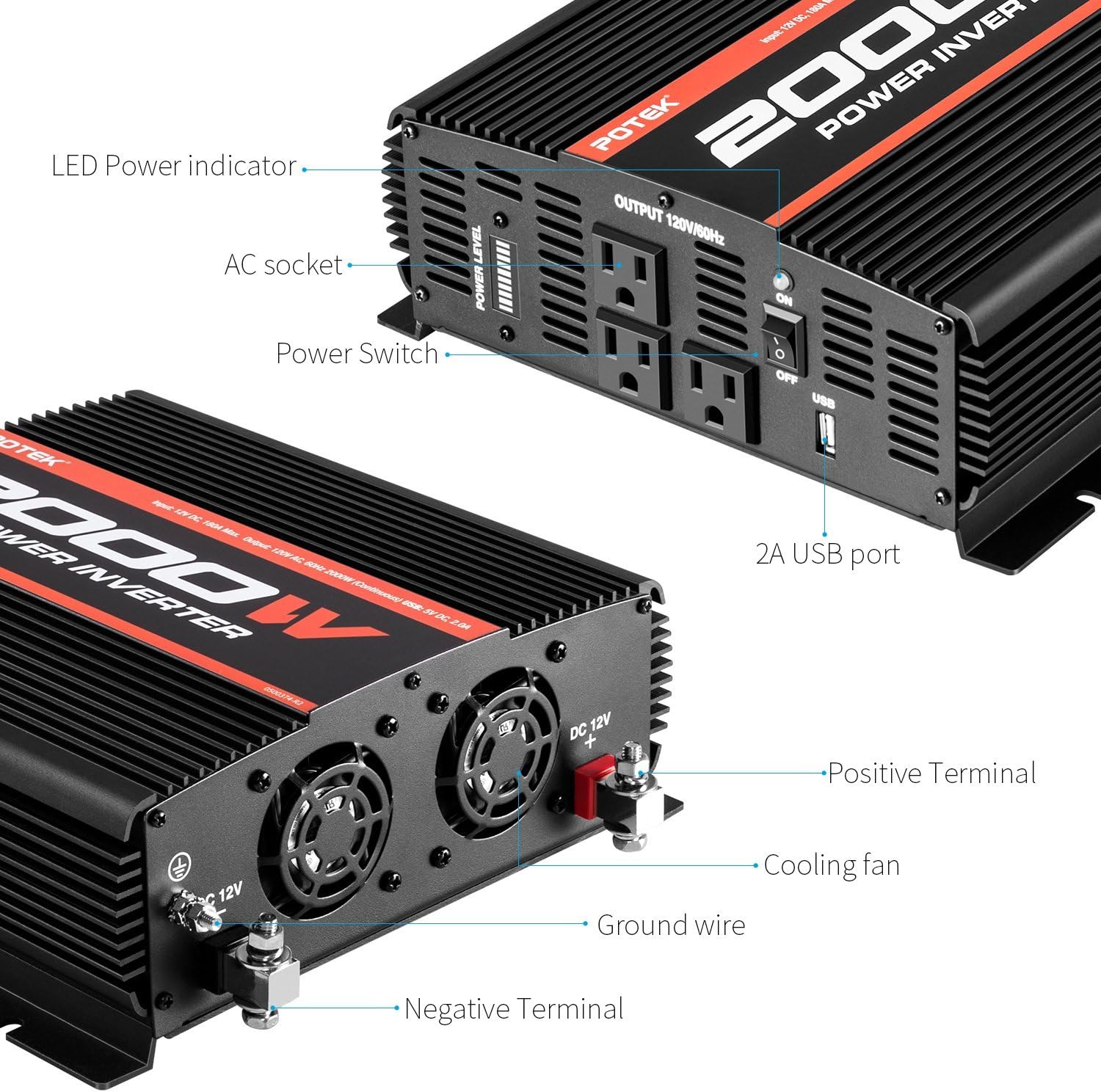 POTEK 2000W Power Inverter Three AC Outlets 12V DC to 110V AC Car Inverter with USB Port: Automotive