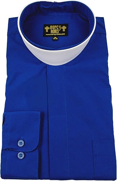 Mercy Robes Mens Royal Blue Long Sleeve Standard Cuff Full Neckband Collar Clergy Shirt at 