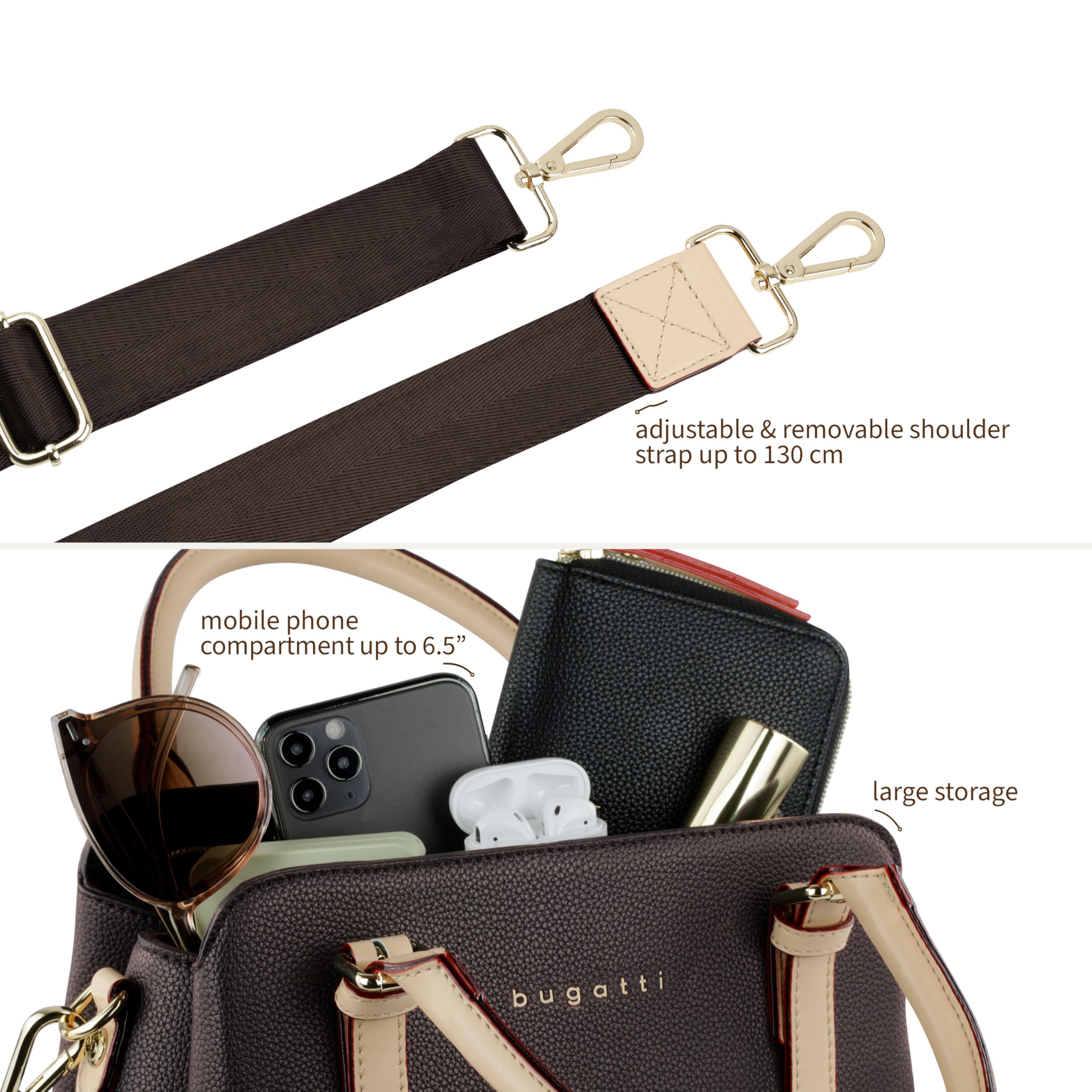 bugatti Ella Handtasche für Damen, Bowling Bag mittelgroß aus Kunstleder, braun