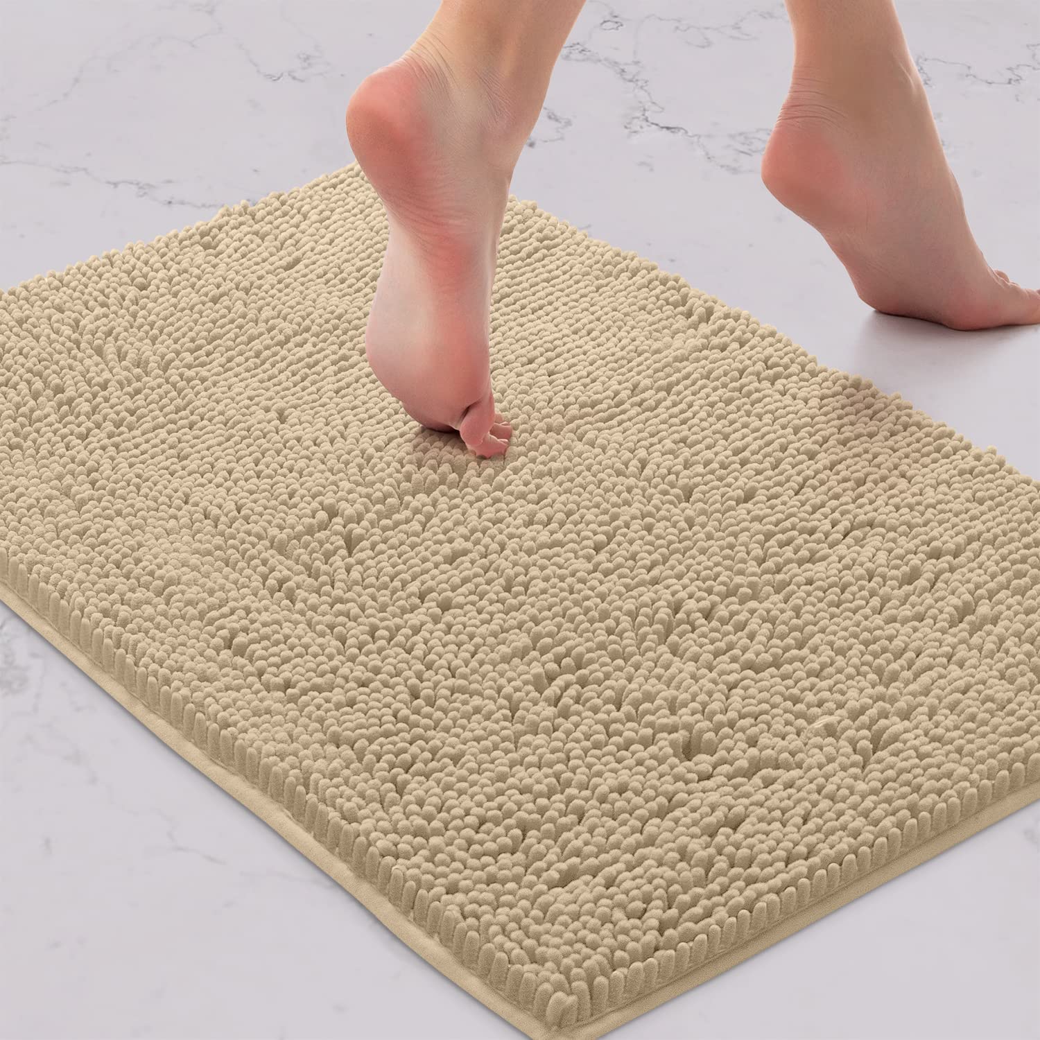 LuxUrux Bath Mat-Extra-Soft Plush Bath Shower Bathroom Rug, 1'' Chenille Microfiber Material, Super Absorbent Shaggy Bath Rug (Birch, 42 x 60 cm)