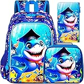 gxtvo 3PCS Shark Backpack for Boys, 16" Kids Bookbag with Lunch Box, Water Resistant Elementary Prechool Toddler Shool Bag - Blue Dr.Shark