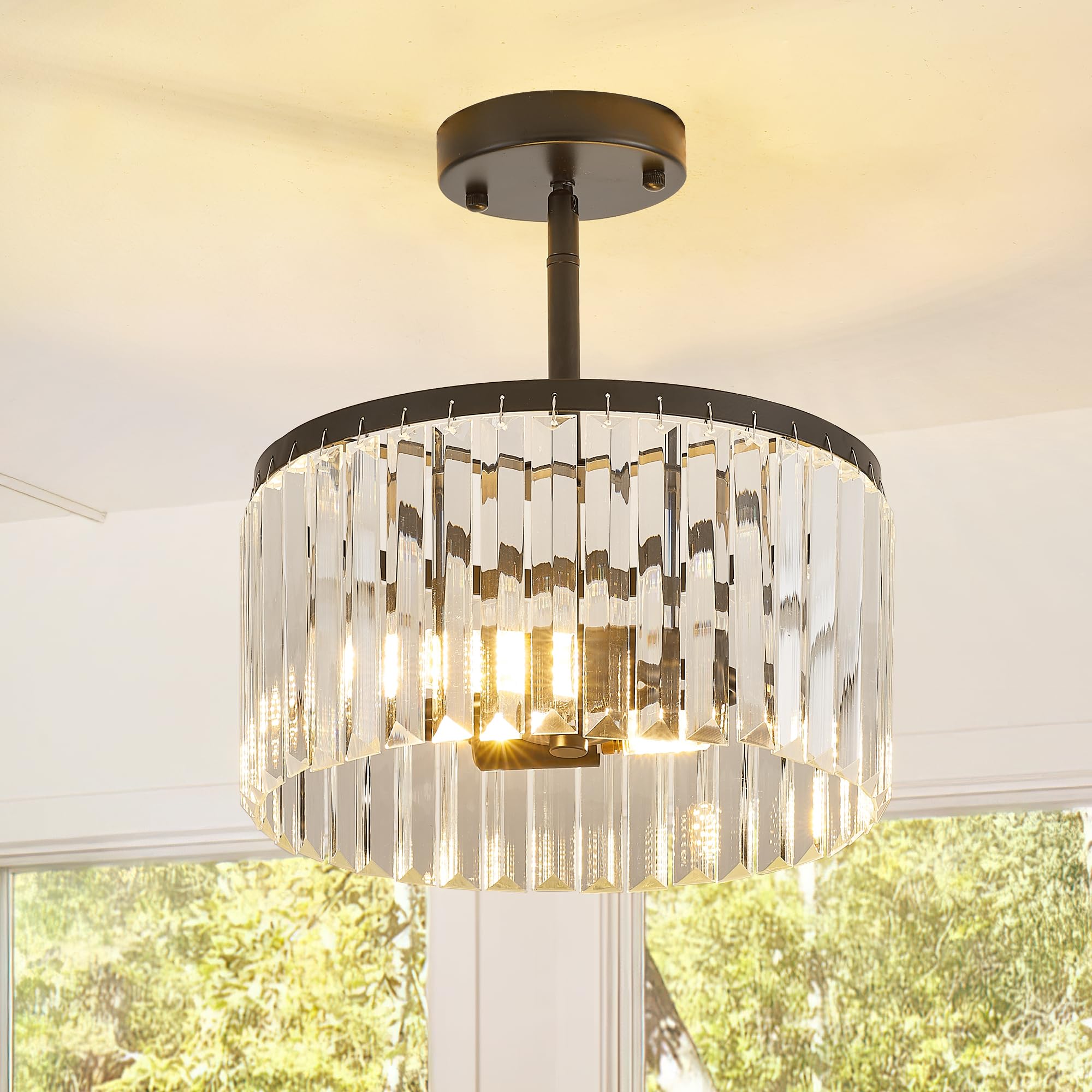 Photo 1 of lighceac Modern 12" Black Semi Flush Mount Crystal Ceiling Light Fixtures for Dining Room Luxury Glam 2-Light Small Chandeliers Lighting for Bedroom Entryway Hallway Living Room Kitchen Island Foyer