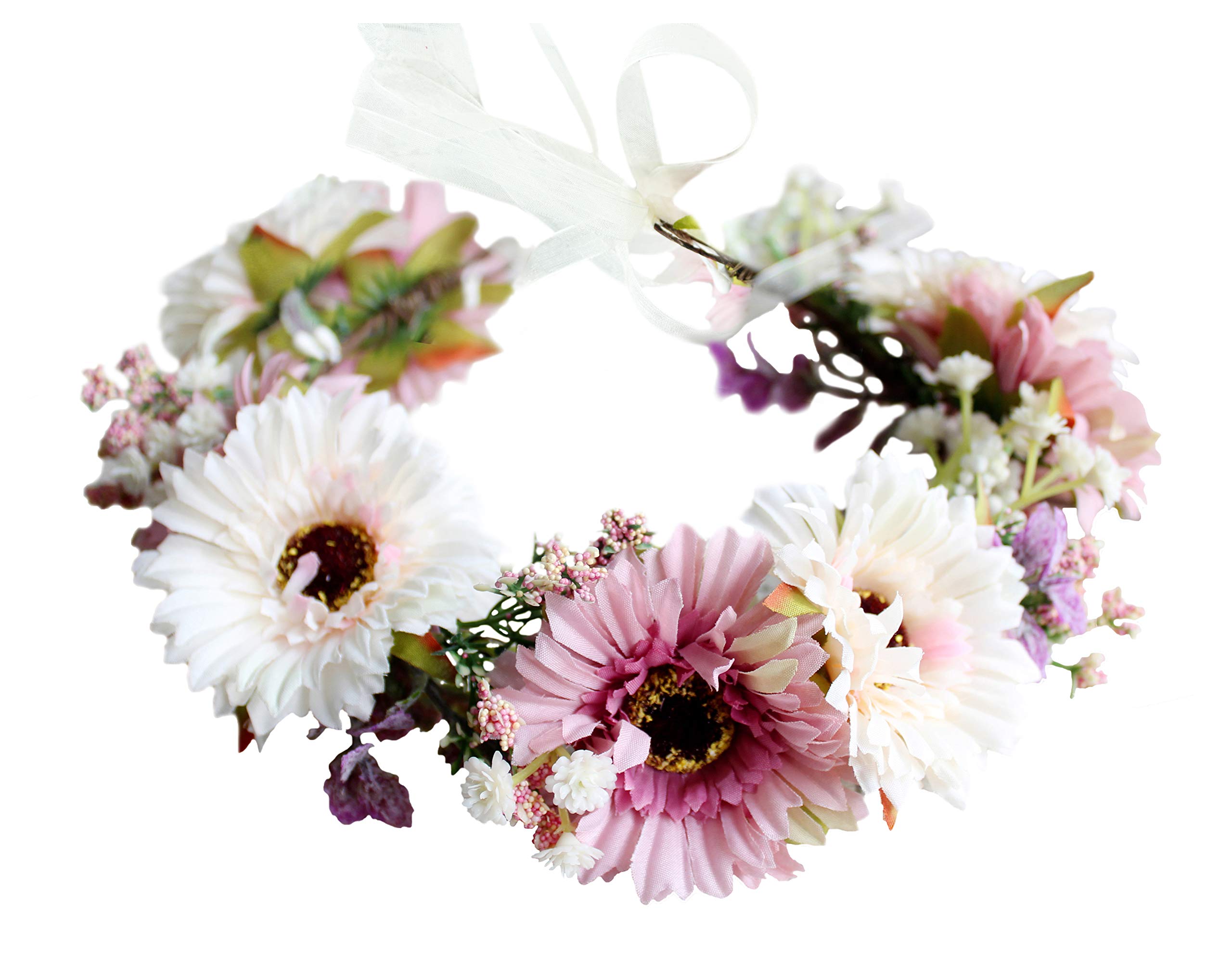 Brikuinr Daisy Flower Crown Floral Wreath Headband Hair Wreath Hair Garland Flower Halo Floral Headpiece Boho with Ribbon Wedding Party