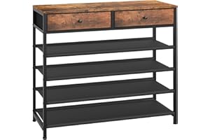 usikey Shoe Rack, 5 Tier Shoe Storage Organizer with 2 Drawers, Metal Shoe Shelf for 16-20 Pairs of Shoes, with 4 Fabric Shelves and Wooden Top, Shoe Stand for Closet Entryway, Rustic Brown