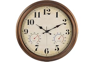 45MinST 16 Inch Bronze Vintage Large Indoor/Outdoor Waterproof Wall Clock with Thermometer & Hygrometer, Silent Non-Ticking Quartz Timepiece for Home, Porch, Garden,Pool