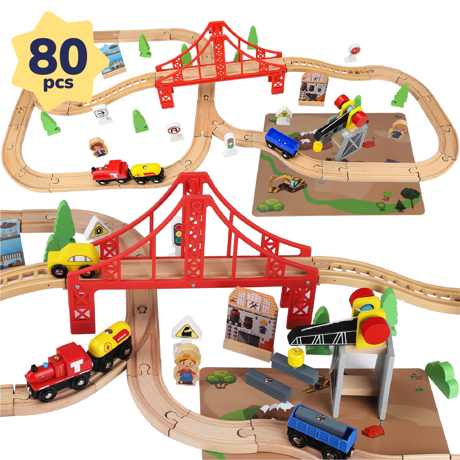 Photo 1 of TOY Life Wooden Train Set 80pcs with Magnetic Crane, Wooden Train Tracks Toys for Toddlers Boys Girls 3 4 5, 3 Year Old Boy Gift, Wood Toys Toddler Train for Kids 4-8 - Fits Thomas Brio Chuggington