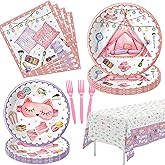 HIPVVILD Sleepover Party Supplies For Girls - Pajama Party Decorations Tableware, Disposable Paper Plate, Napkin, Tablecloth, Fork, Sleep Over Slumber Birthday Party Supplies Dinnerware | Serve 24