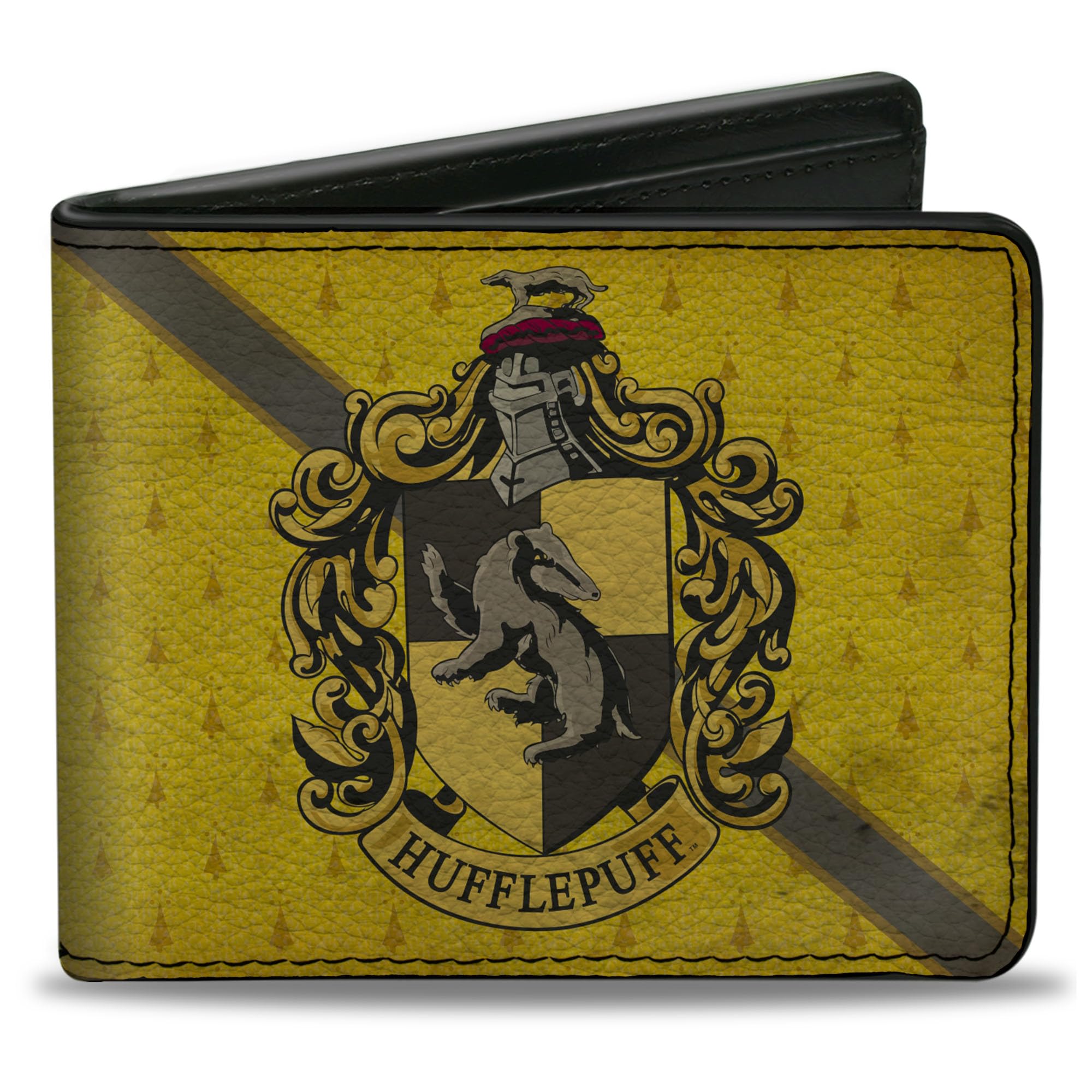 Buckle-Down Men's PU Bifold Wallet-Hufflepuff Crest/Stripe4 Weathered Gold/Brown, Multicolor, 4.0" x 3.5", Multicolor, 4.0" x 3.5", Pu Bifold Wallet - Hufflepuff Crest/Stripe4 Weathered