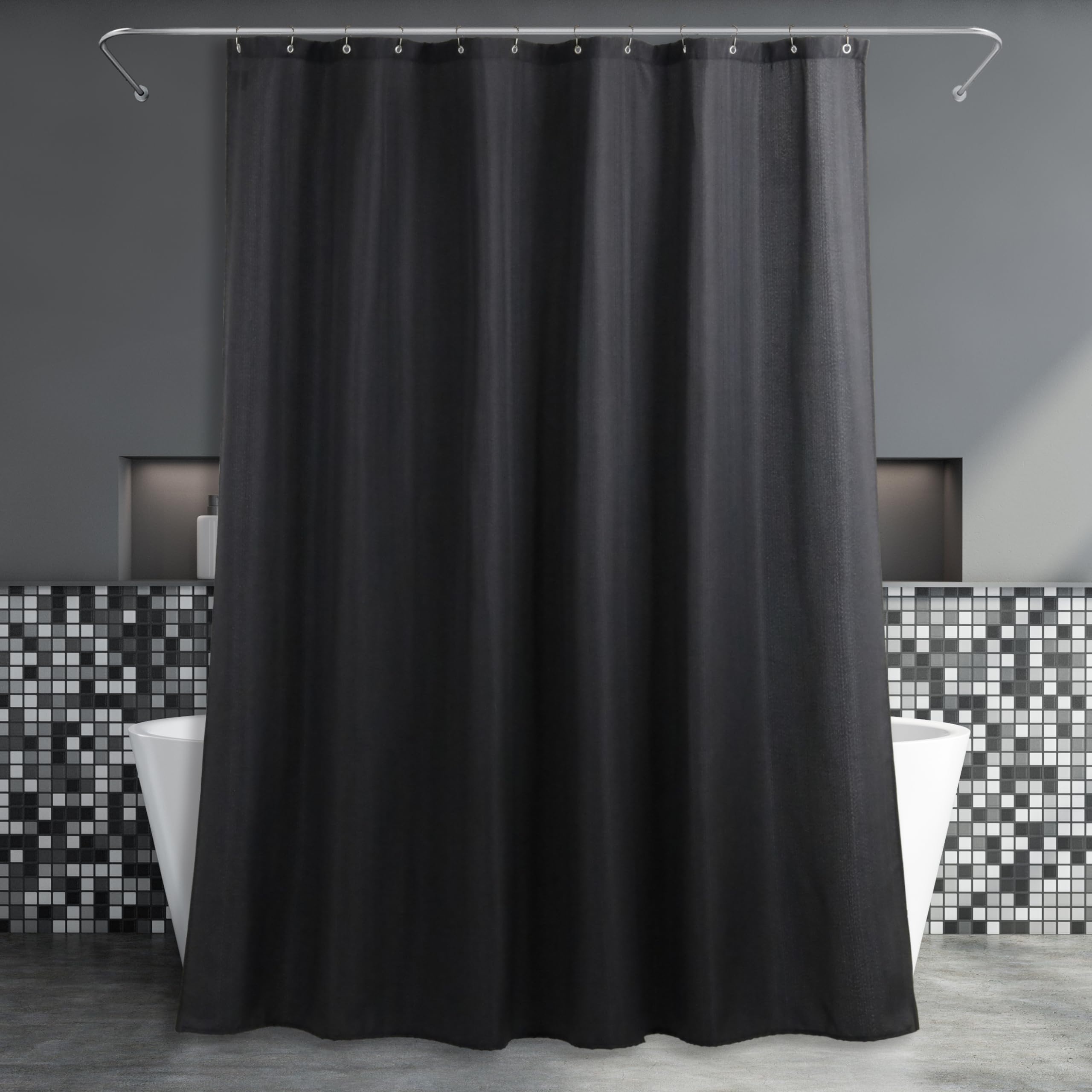 Popkozzi Black Fabric Bathroom Shower Curtain: Anti Mould Mildew Resistant Water Repellent Washable Shower Curtain - Elegant Lightweight Polyester Curtain for Wet Room - 183 x 244cm Drop