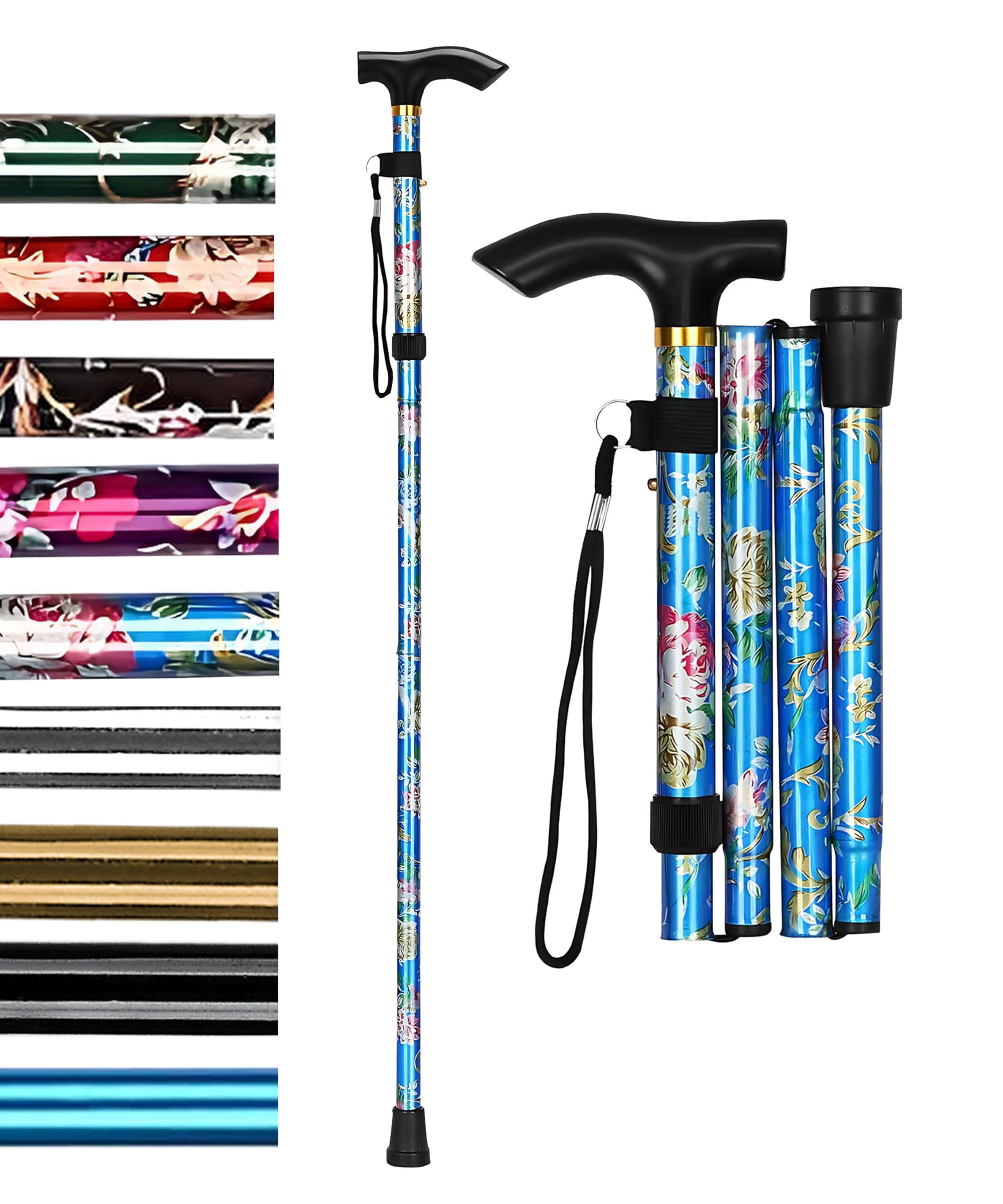 HATAF® Walking Stick, Folding Walking Sticks for Women, Adjustable height Walking Sticks for Men, Mobility Aids walking stick rubber ends, Folding walking sticks for ladies (Blue Flowers)