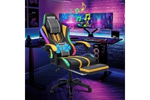 HOFFREE LED Gaming Chair Massage with Speakers Game Chair Big and Tall with Footrest Gamer Chair for 400lbs Computer Desk Chair for Adults Yellow and Black