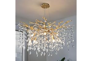 YUYI Modern Crystal Chandelier, 30" Gold Tree Branch Chandelier, 10-Light Round Chandeliers for Dining Room, Living Room, Kitchen, Foyer, Entryway, Bedroom, Luxury K9 Crystal Raindrop Light Fixture