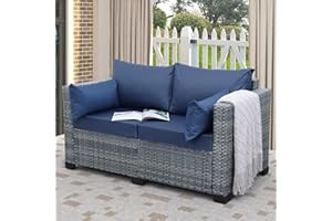 Lviden Outdoor Patio Loveseat Sofa, 2-Seater Small Couch, All Weather Wicker Love Seat Furniture with Navy Blue Cushions, for Backyard, Garden, Porch, Deck, Balcony