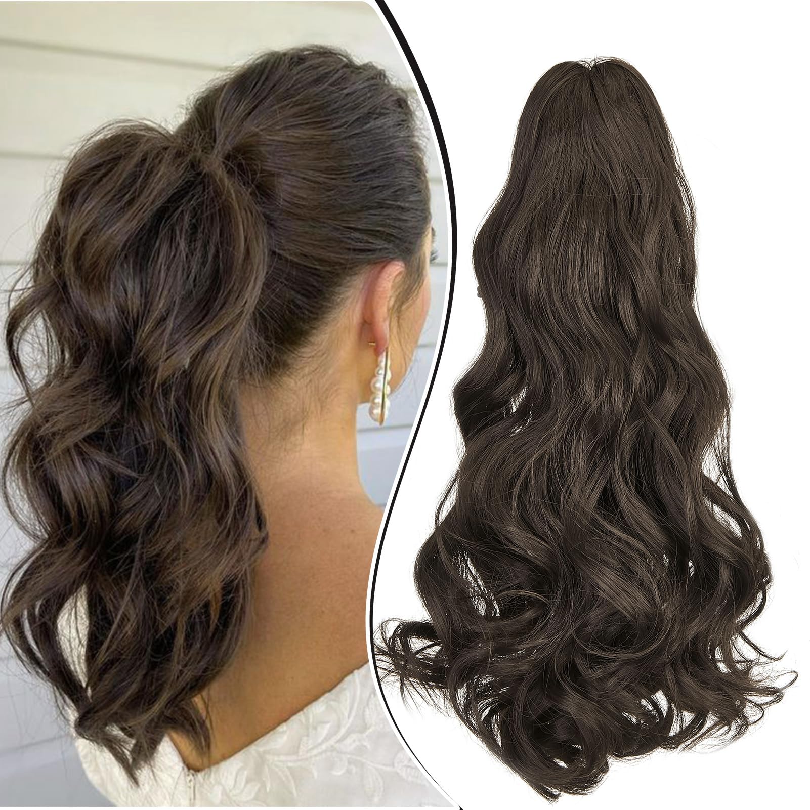 Dcbaboo Claw Clip in Ponytail Hair Extensions Long Wavy 18inch Ponytail Extension Curly Wave Synthetic Jaw on Pony tails Natural Hairpiece Fake Ponytail for Women, Medium Brown โ image 1
