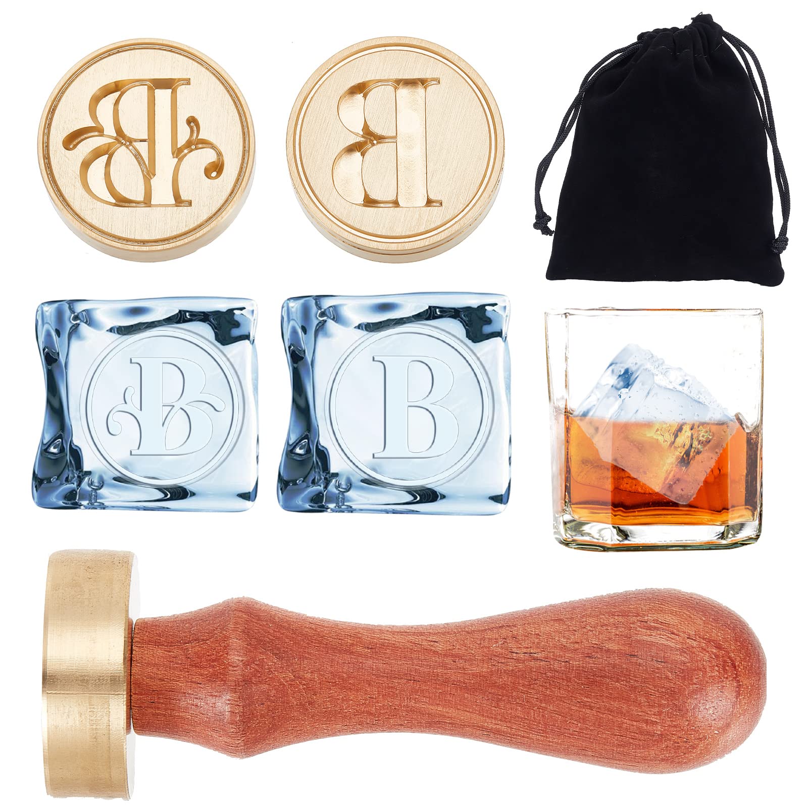 CRASPIRE Letter B Ice Stamp Ice Cube Stamp with 2 Style Initial Removable Brass Head Replacement 1.2in Vintage Wood Handle Ice Branding Stamps for Cocktail Whisky Mojito Bar Drinks Making DIY Crafting — image 1