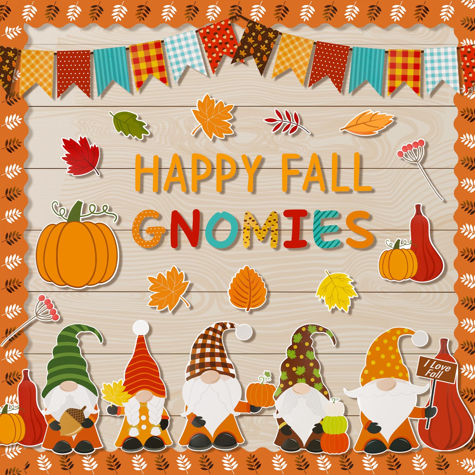 Photo 1 of Konsait Gnomes Fall Bulletin Board Decorations Set, 75Pcs Happy Fall Gnomies Pumpkins Leaves & Flags Cutouts for Classroom Home Office Door Wall DisplaysLPNPMEK0501418
