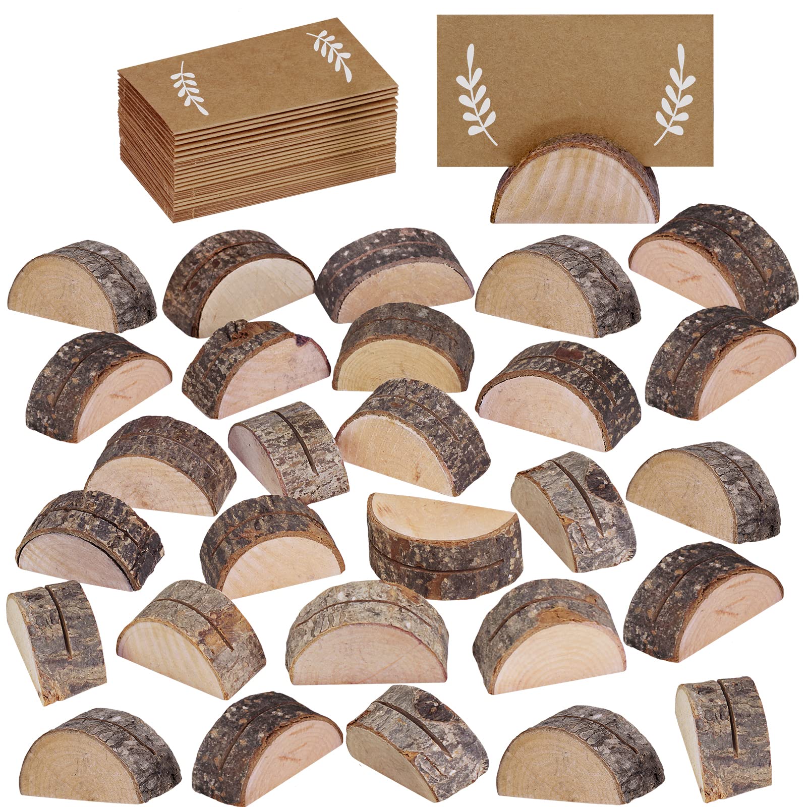 Photo 1 of 30 Pcs Rustic Wood Wedding Place Card Holders with 32 Pcs Kraft Tented Cards Half-Round Table Numbers Holder Stand Wooden Memo Holder Card Photo Picture Note Clip Holders Escort Card Holder