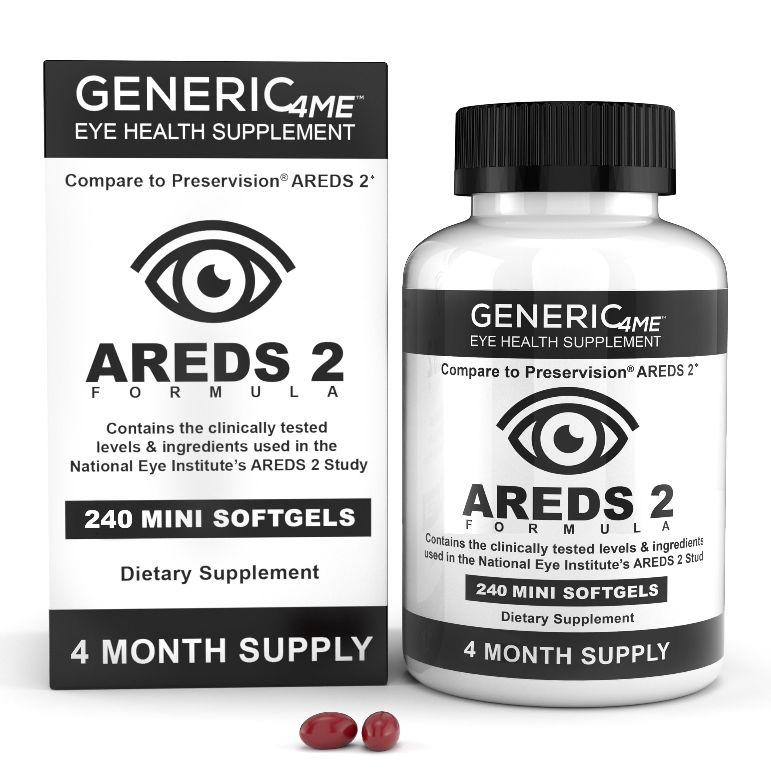 Generic4ME AREDS 2 SoftGels, 500 mg Vitamin C, 400 IU Vitamin E, 10 mg Lutein, 2 mg Zeaxanthin, 80 mg Zinc, 2 mg Copper - Supports Eye Health - 240 Mini SoftGels (Four Month Supply) Image