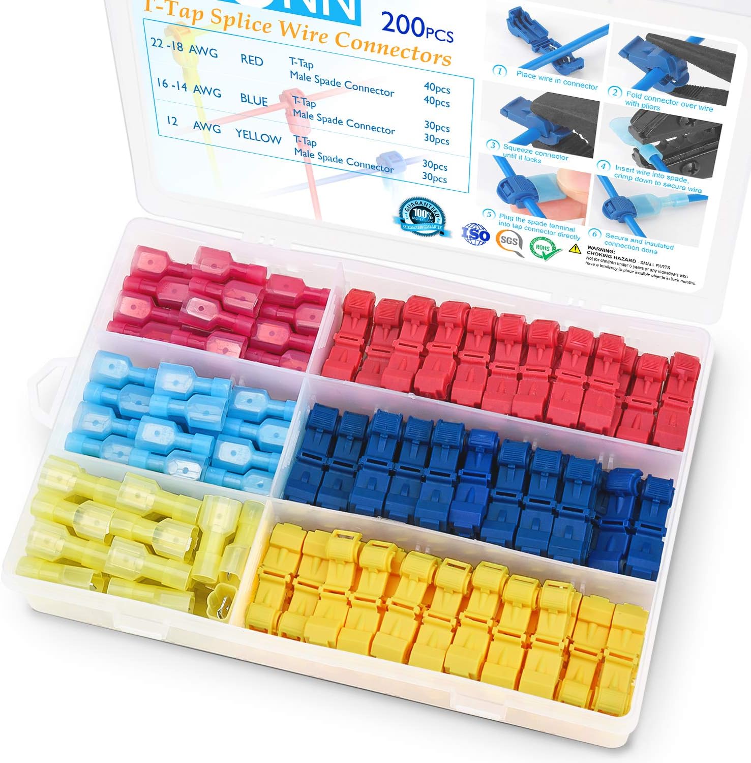 TICONN 200pcs T-Tap Wire Connectors, Self-Stripping Quick Splice Electrical Wire Terminals, Insulated Male Quick Disconnect Spade Terminals Assortment Kit with Storage Case (200PCS): Industrial & Scientific