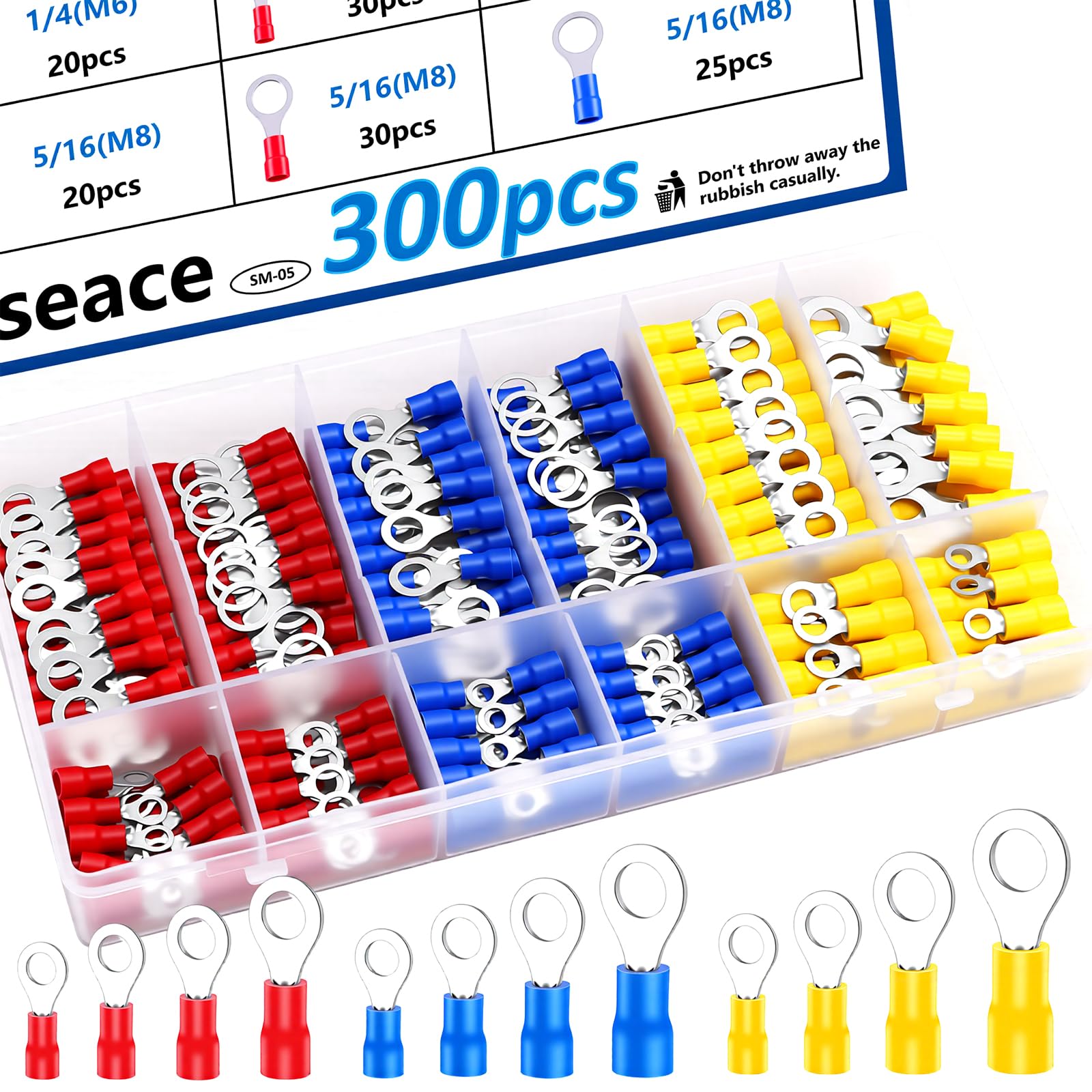 smseace 280pcs Insulated ring terminals Red Yellow and Blue O-type Wire Connector Electrical Crimp Terminal AWG 22-16 16-14 12-10 Connectors Assortment Kit SM-05