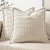 MIULEE Cream White Corduroy Decorative Throw Pillow Covers Pack of 2 Soft Striped Pillows Pillowcases with Broad Edge Modern Winter Cute Boho Home Decor for Couch Sofa Bed 18x18 Inch