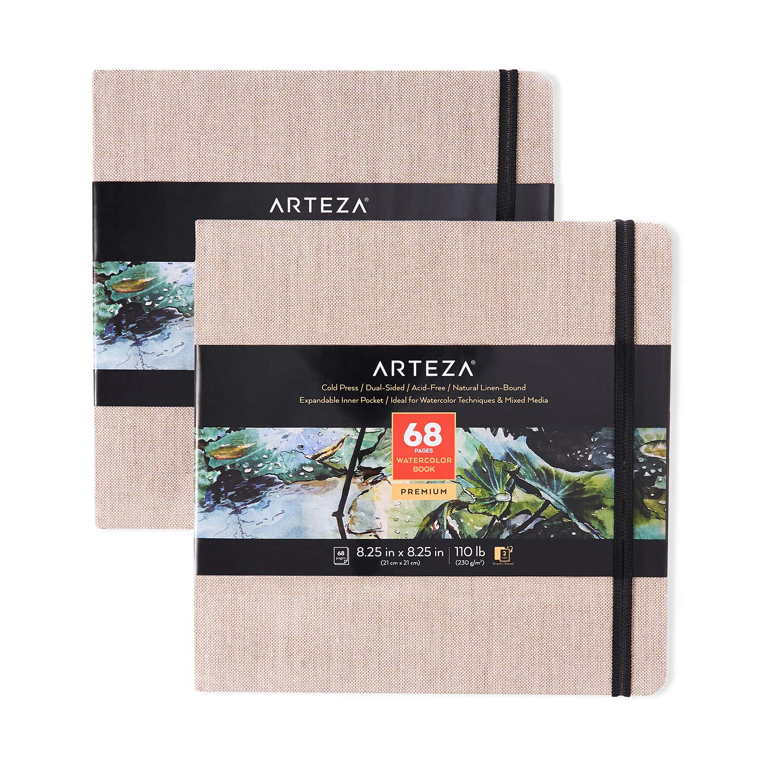 Arteza Watercolour Sketchbook 21 x 21 cm, Pack of 2, 68 Pages per Journal, 230gsm, Beige Hardcover, with Inner Pocket and Elastic Strap, for Watercolour Techniques and Mixed Media