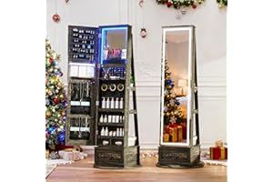 LVSOMT LED Mirror Jewelry Cabinet Standing, 360°Swivel Jewelry Armoire with Full Length Mirror, Mirror with Jewelry Storage and Large Wooden Drawer for Christmas Gifts (Rustic Grey)