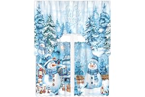 FuWeave Christmas Kitchen Curtains 3 Piece Set Blue Snowman Window Curtains and Valance Set Xmas Curtain Swag for Kitchen Bedroom Living Room Decor, 60 x 36 Valance, 36 x 30 Tier