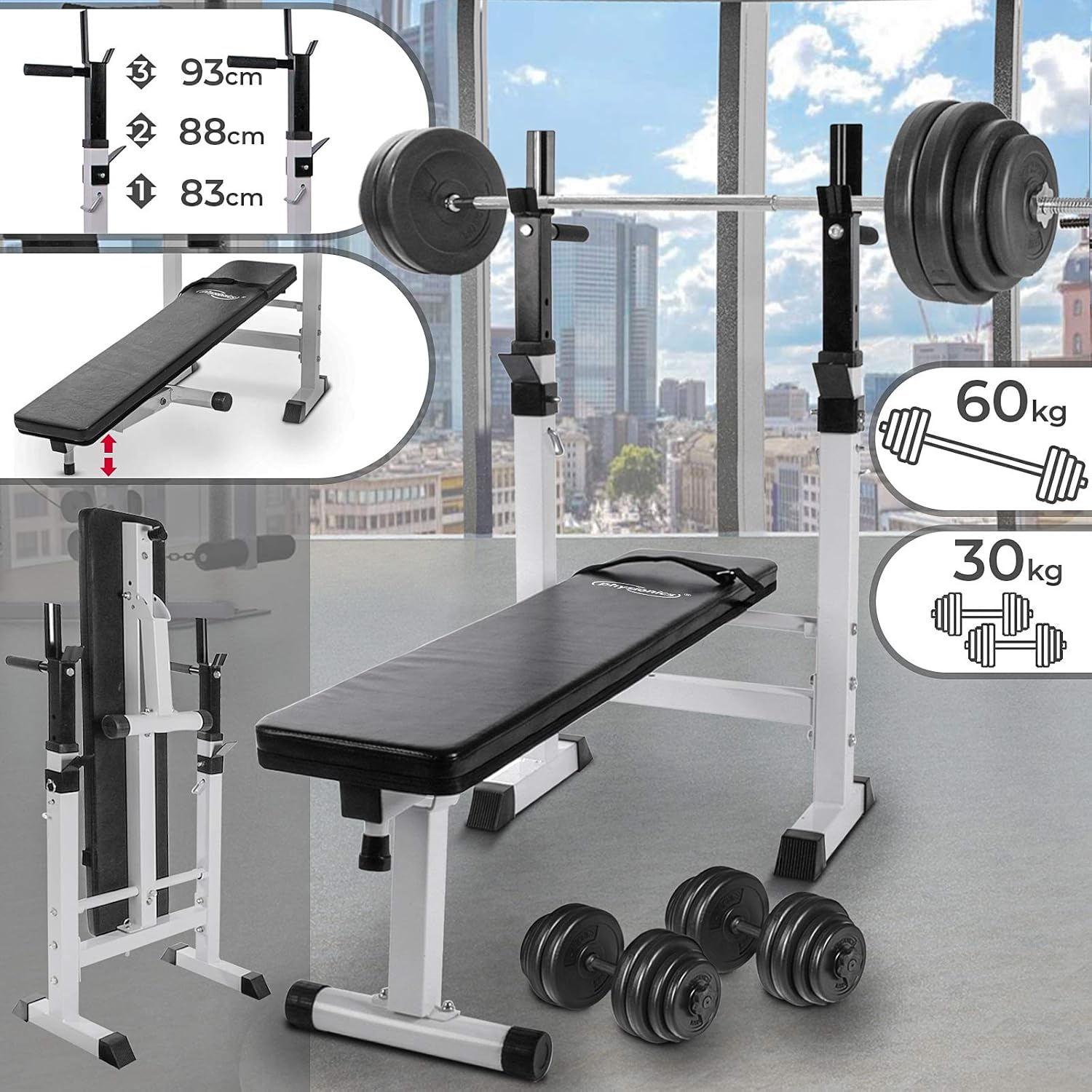 Physionics Banco de Pesas + Mancuernas de 30 kg + Barra de Pesas de 60 kg Amazon.es Deportes Physionics Banco de Pesas + Mancuernas de 30 kg + Barra de Pesas de 60 kg Amazon.es Deportes